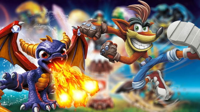 Crash and Spyro in front of the Skylanders Imaginators art