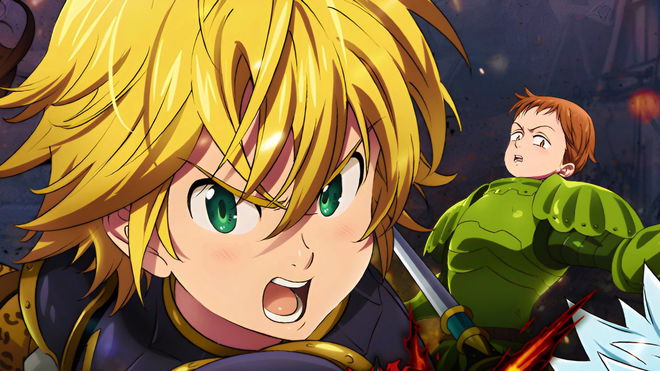 Seven Deadly Sins - close-up portrait of a blonde boy with his mouth open, with a boy in green armour stood to the right