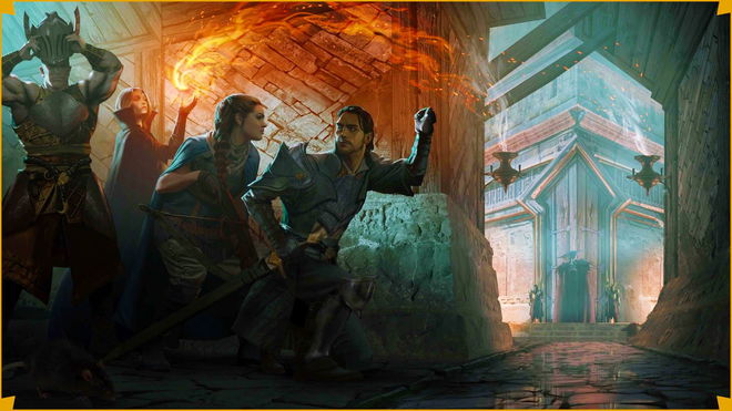 Two men and two women hide around a behind a wall from some ominous guards in the distance.