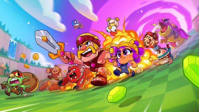 Squad Busters characters rush into the fray, brandishing weapons and gems.