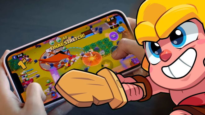 The Squad busters barbarian pointing his wooden sword at someone playing the game on mobile