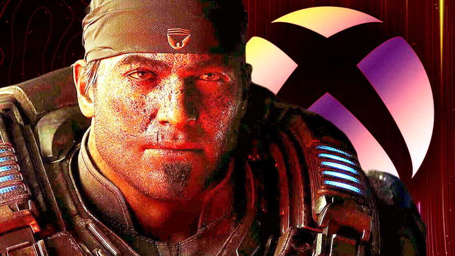 A close up shot of Marcus Fenix from Gears of War E-Day wearing a bandana in front of a red xbox logo .