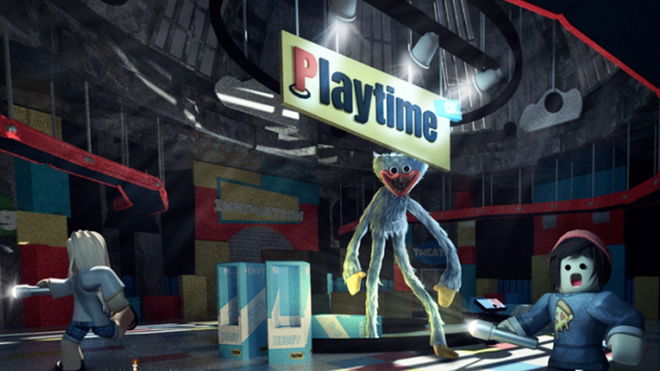 Screenshot from Dead Realm, showing a monster hunting two Roblox avatars