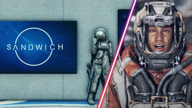A Starfield poster in Fallout 4 alongside a character in Starfield.
