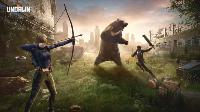 Two characters are fighting a bear in Undawn.