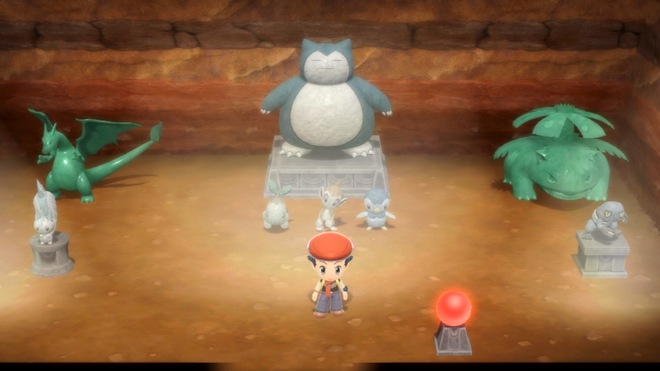 A Pokémon Trainer in their Secret Base filled with statues in the Grand Underground of Pokémon Brilliant Diamond and Shining Pearl.