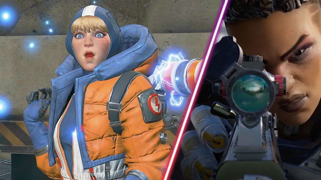 Screenshot of Apex Legends Wattson looking shocked and Apex Legends Bangalore aiming down the scope of a rifle