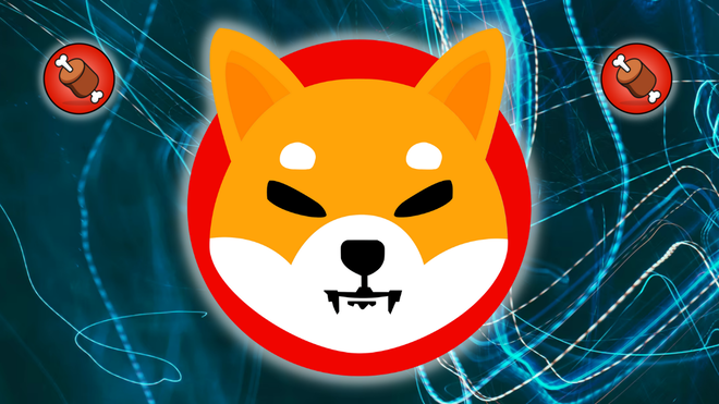 Image of the Shiba Inu Coin on a Blue Background, with two BONE tokens next to the SHIB logo.