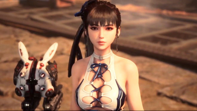 A wide shot of Eve from Stellar Blade standing in a rocky environment next to her cute little drone
