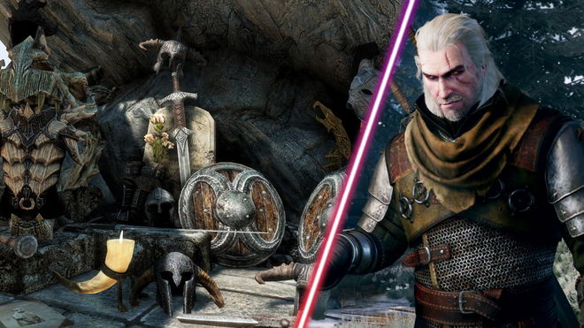 Geralt from The Witcher 3 alongside some items in Skyrim.