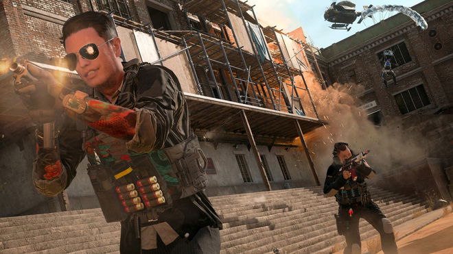 Warzone players firing guns with parachuting player landing in background
