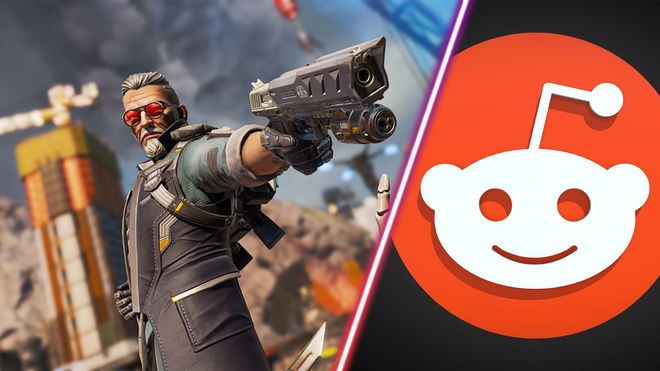 Screenshot showing Apex Legends Ballistic aiming with a pistol and the Reddit logo on a black background