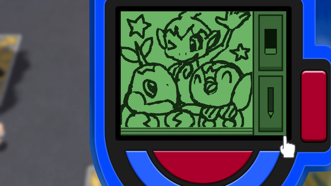 A player has used the Notepad app in the Pokétch of Pokémon Brilliant Diamond & Shining Pearl to draw an image of all three starter Pokémon; Chimchar, Turtwig, and Piplup.