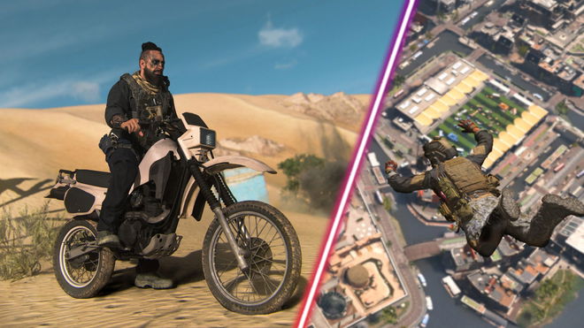 Warzone player sitting on motorbike and player falling above Vondel map