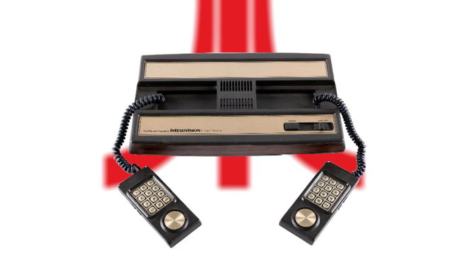 The Intellivision console with two controllers on an Atari background