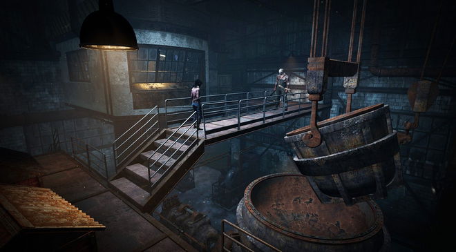 Survivor, Claudette Morel, faces killer, The Trapper, in the main building of one of the Macmillan Estate maps in Dead by Daylight.