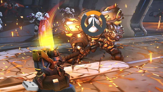 overwatch 2 reinhardt ult with overwatch icon ban hammer on xim mouse and keyboard usb key