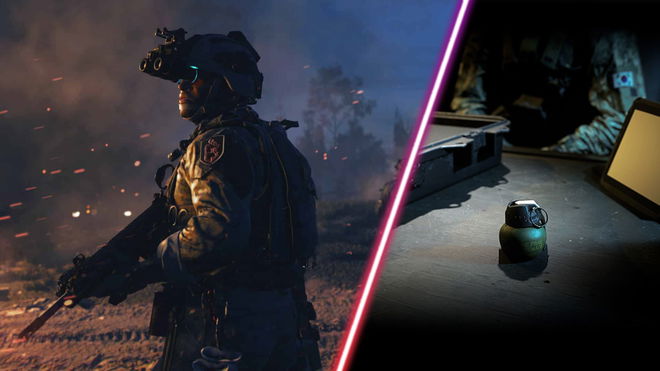 Screenshot of Modern Warfare 2 player holding gun and wearing night-vision goggles and a frag grenade on a table with a shadow in the background