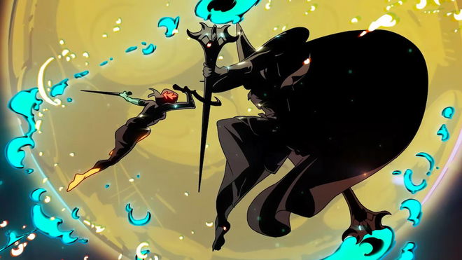Hades 2's Melinoe using the Sister Blades to attack Hecate, who is wielding the Witch's Staff.