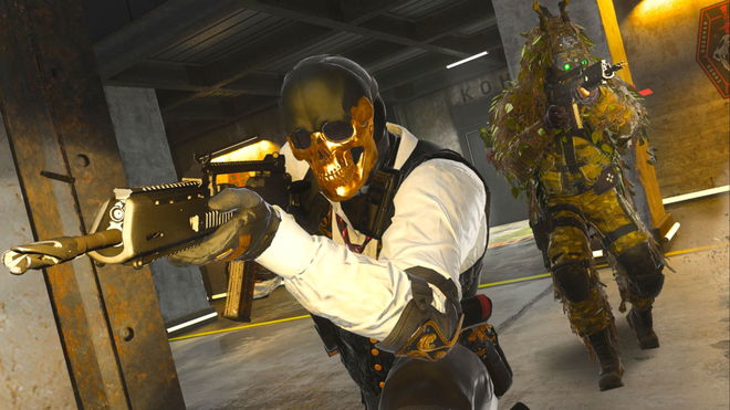 Skull-mask wearing character and ghillie suit wearing squadmate aiming their guns in Warzone