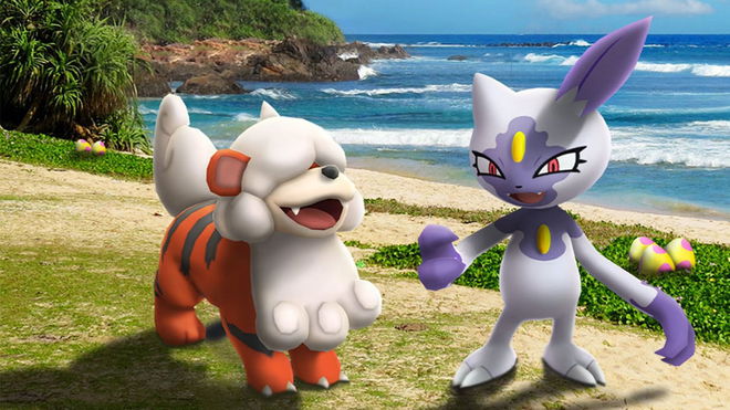 Pokemon Go Pokemon stood on grass with sea crashing into shore in background