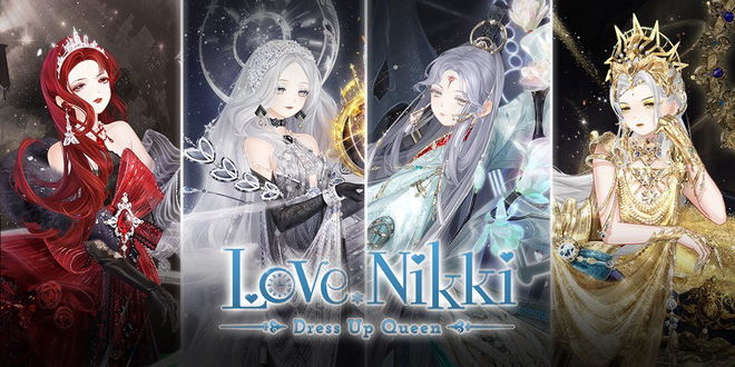 love nikki dress up queen title and logo with four models in panels