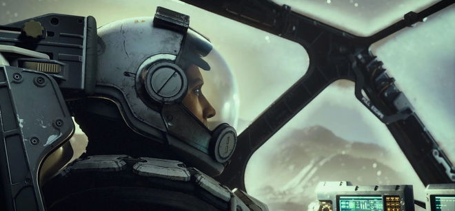 Close-up of the head of someone in a white space suit piloting a ship.