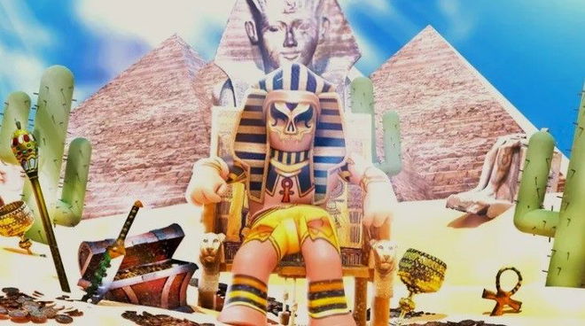 Mega Pyramid Tycoon character in front of pyramids