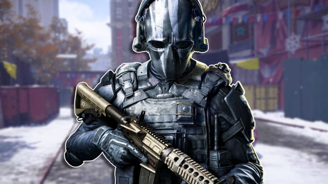 A Phantom soldier wearing body armor and a tactical mask, holding an assault rifle, placed on a slightly blurred background of an urban area covered in snow.