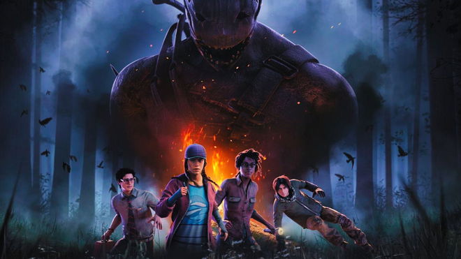 a group of players standing together with a big monster behind them