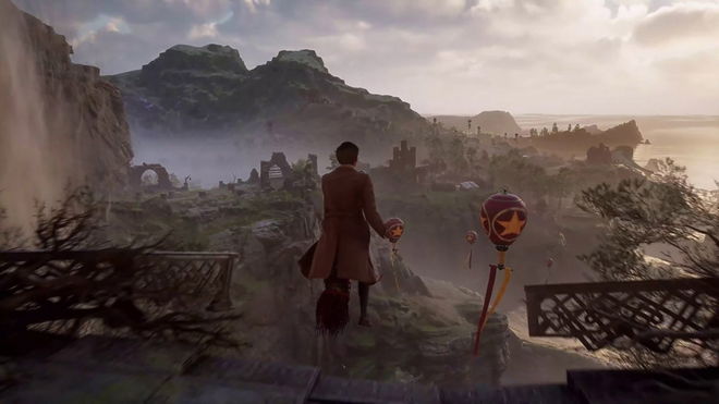 The character is flying on a broom in Hogwarts Legacy.