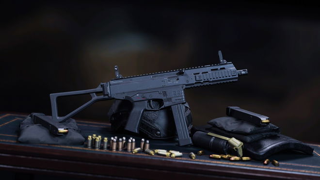 Screenshot showing Warzone ISO 45 SMG on a table surrounded by magazines and loose bullets