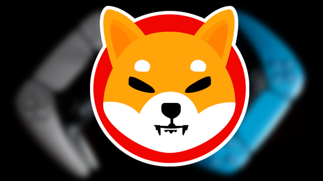 Shiba Inu logo in front of two PS5 game controllers on grey background.