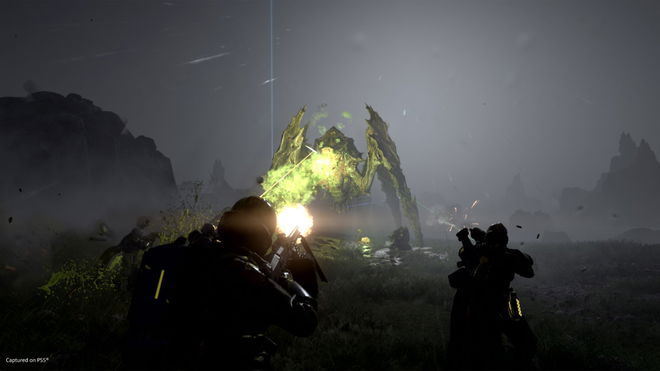 Helldivers 2 player firing flamethrower at enemy