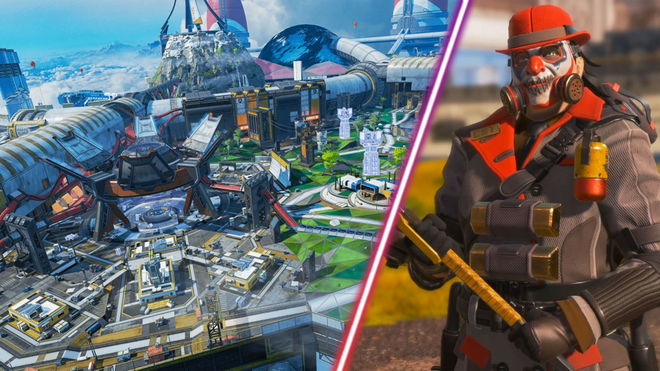 Screenshot showing Apex Legends Olympus map and Apex Legends player wearing clown makeup and holding a weapon