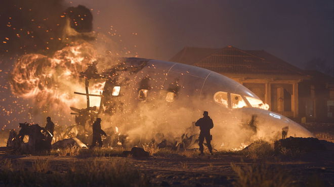 Modern Warfare 3 burning aeroplane fuselage surrounded by Konni Group soldiers