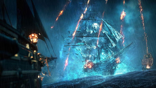 Skull and Bones pirate ship showered in burning debris
