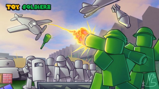 Toy SoldierZ game, showing Roblox characters shooting down a plane