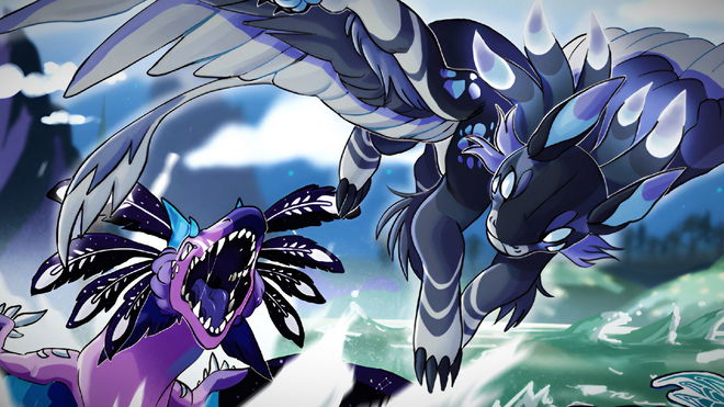 Creatures of Sonaria - purple bird monster (left) biting at a blue cat with wings (right)