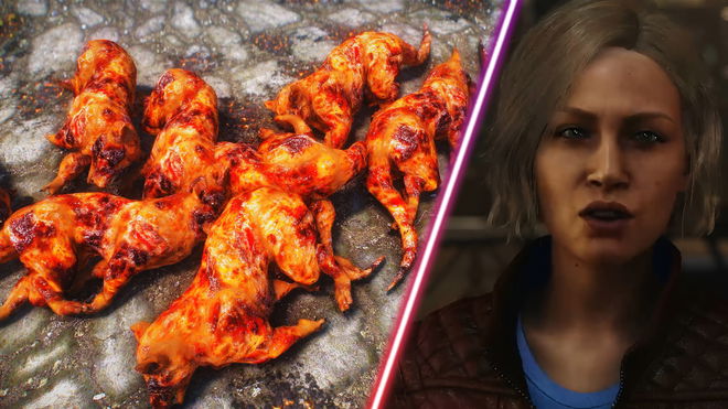 Some charred skeevers in Skyrim alongside an NPC from Starfield.