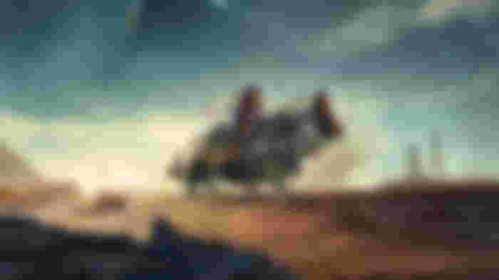 Starfield spaceship on planet with blue sky in background