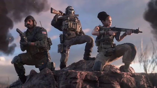 Warzone Mobile players holding guns on top of rock