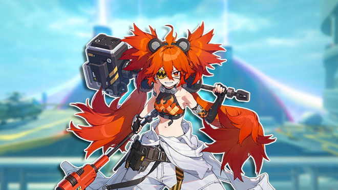 Zenless Zone Zero's Koleda grinning at the camera while carrying a large hammer over her shoulder.