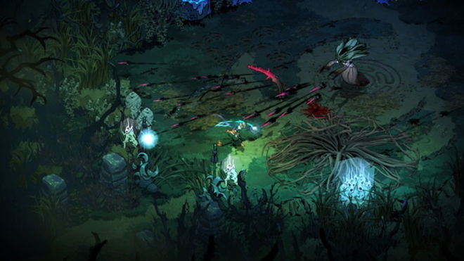 Melinoe fighting a witch monster in a marshland area of Hades 2.
