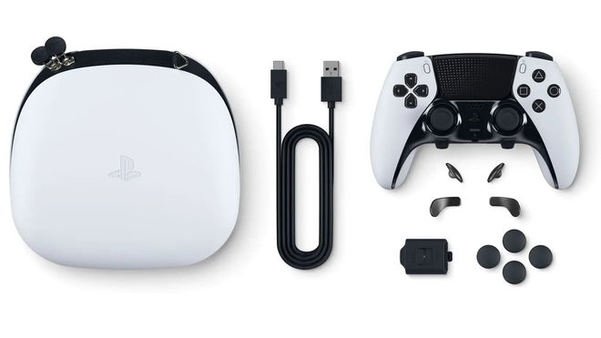 The DualSense Edge along with its case and accessories.