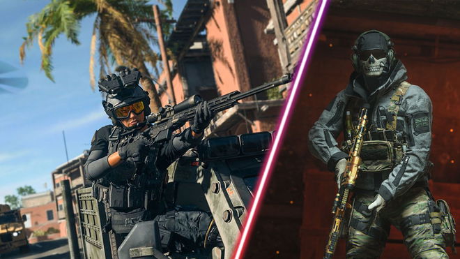 Screenshot of Warzone 2 player holding sniper rifle out the window of a vehicle and Ghost Operator holding assault rifle next to hip