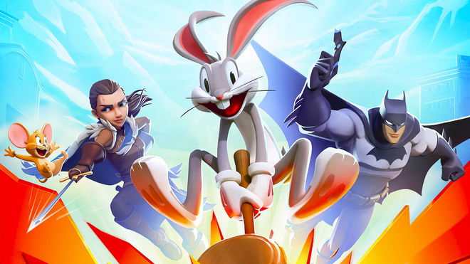 Jerry jumping in the air, Arya Stark pointing with her sword, Bugs Bunny wielding a hammer, and Batman holding a batarang.