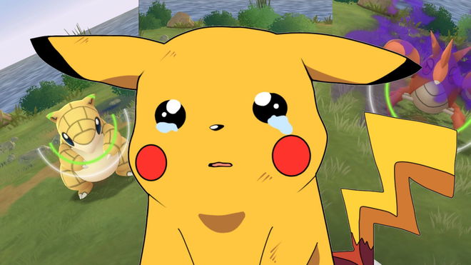 Crying Pikachu from Pokémon The First Movie superimposed on gameplay of Pokémon Go catching glitches 