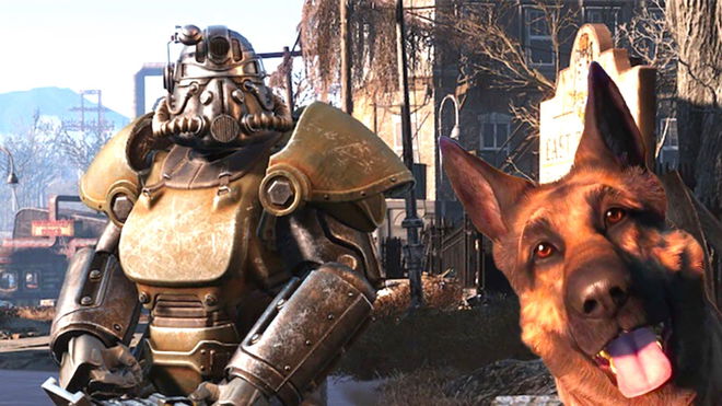 A Fallout 4 power armor soldier next to a smiling dog meat 