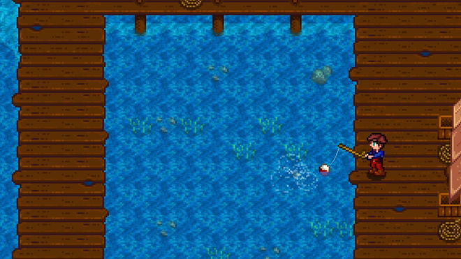 Stardew Valley. The player is fishing off of a dock into the ocean. They are facing left and they are fishing off the left side of the dock.